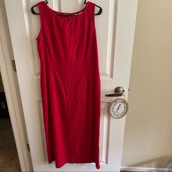 Mosaic Linen Blend Red Summer Midi Dress Size 10 Sleeveless Modest Neckline - Picture 1 of 7